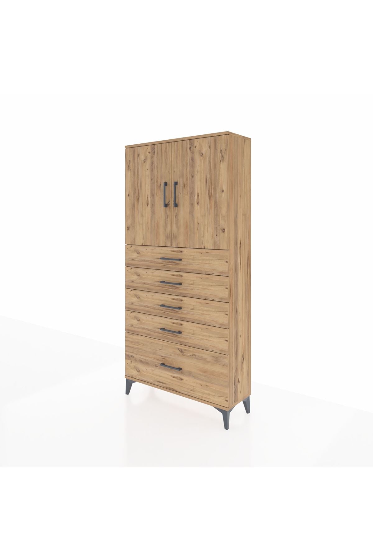 Arges Dolap 2 Raflı 5 Çekmeceli 2 Kapaklı 88x30x182 Çam-Çam