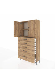 Arges Dolap 2 Raflı 5 Çekmeceli 2 Kapaklı 88x30x182 Çam-Çam