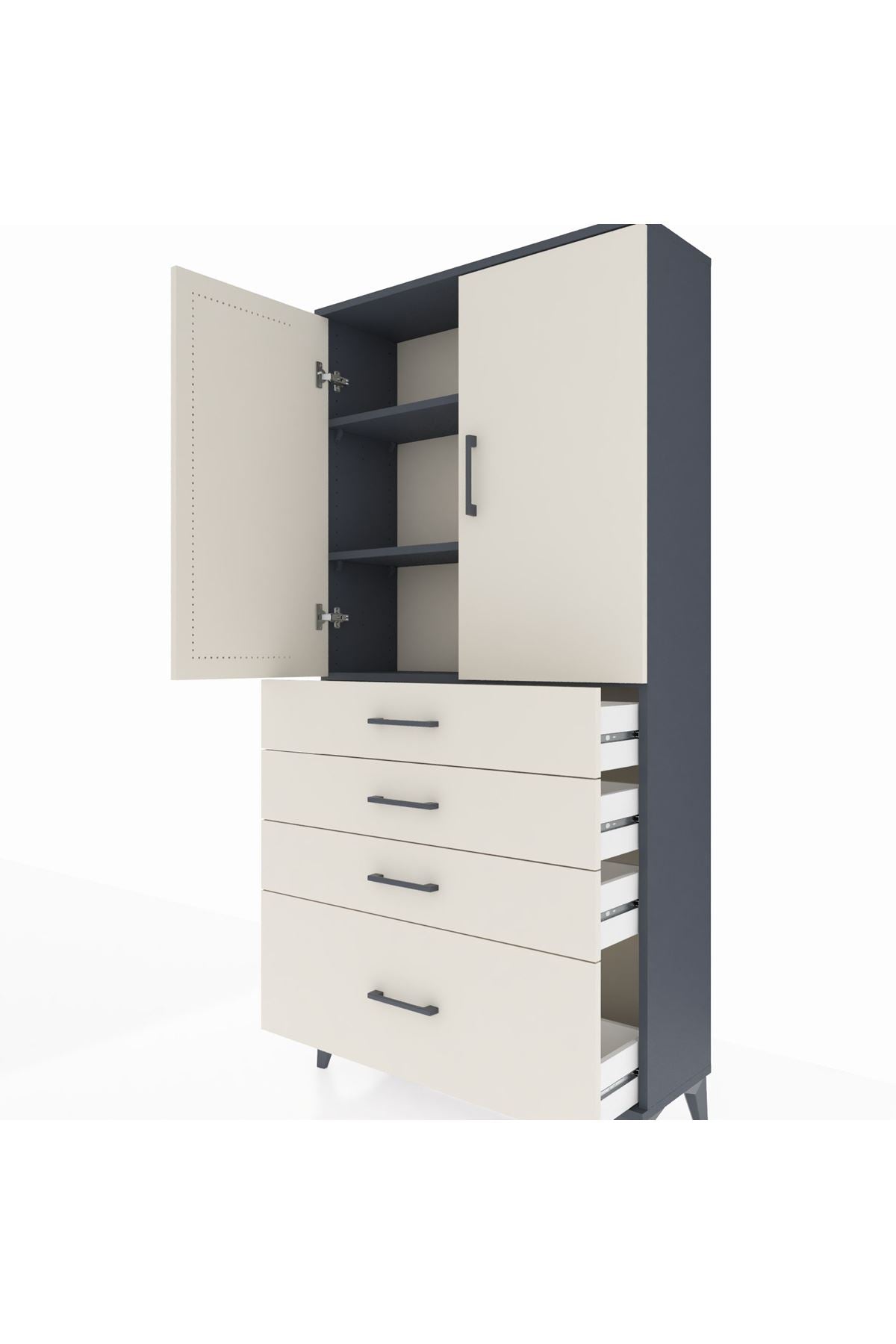 Arges Dolap 3 Raflı 4 Çekmeceli 2 Kapaklı 88x30x182 Antrasit-Aytaşı