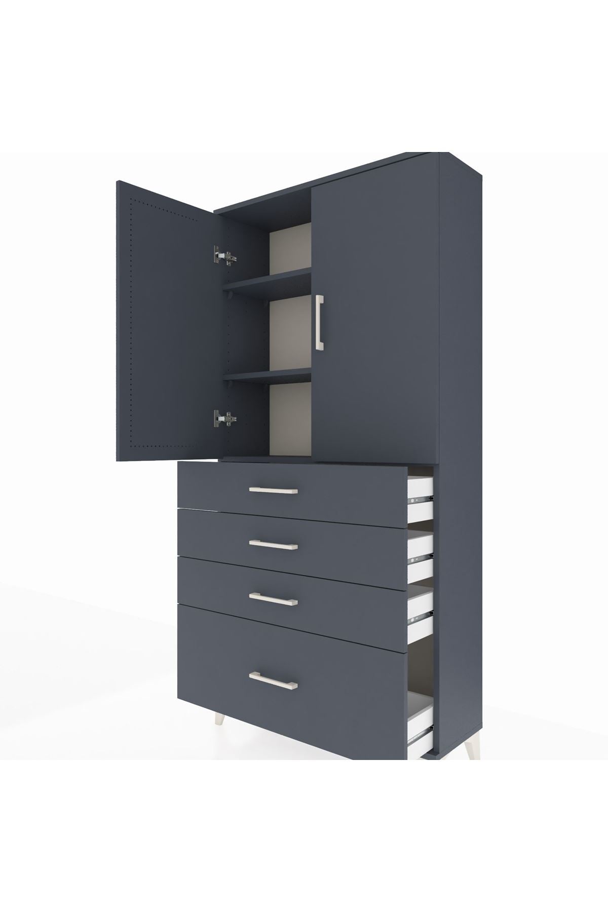 Arges Dolap 3 Raflı 4 Çekmeceli 2 Kapaklı 88x30x182 Antrasit-Antrasit