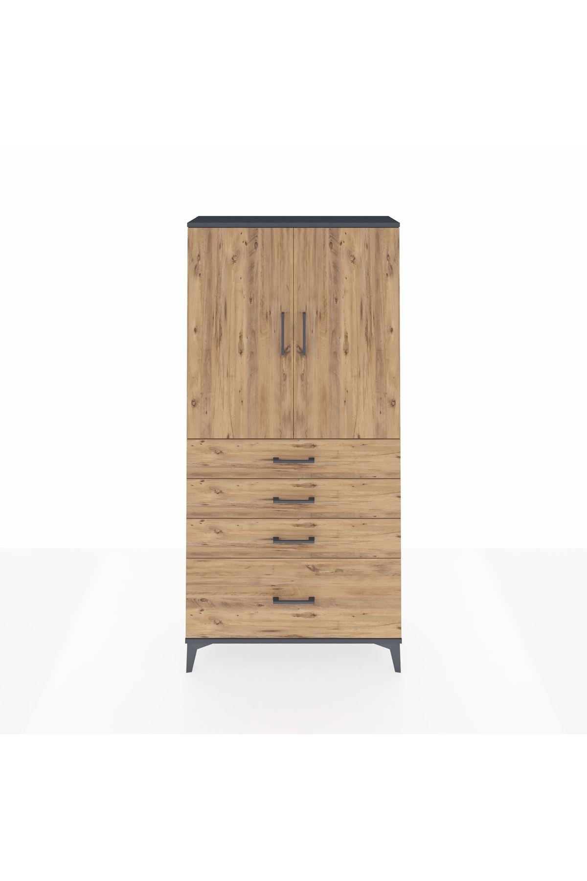 Arges Dolap 3 Raflı 4 Çekmeceli 2 Kapaklı 88x30x182 Antrasit-Çam