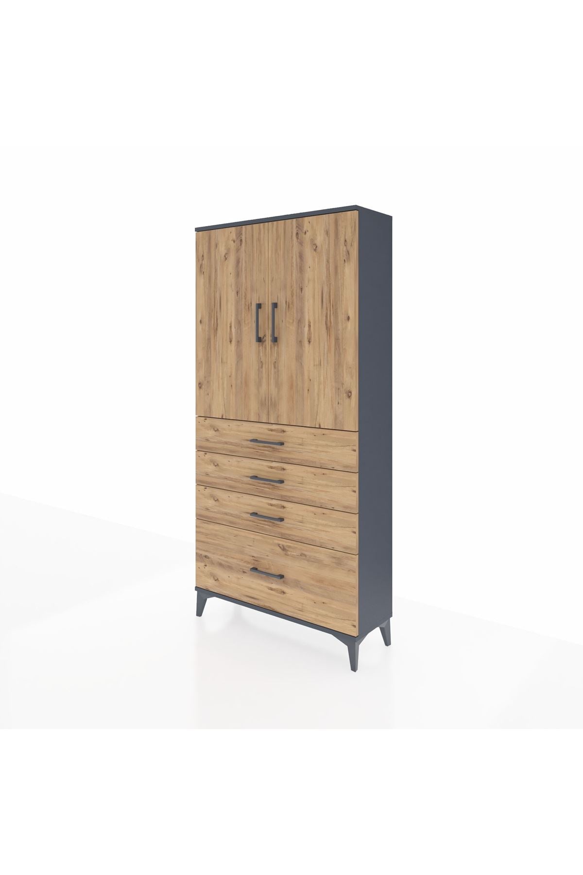 Arges Dolap 3 Raflı 4 Çekmeceli 2 Kapaklı 88x30x182 Antrasit-Çam