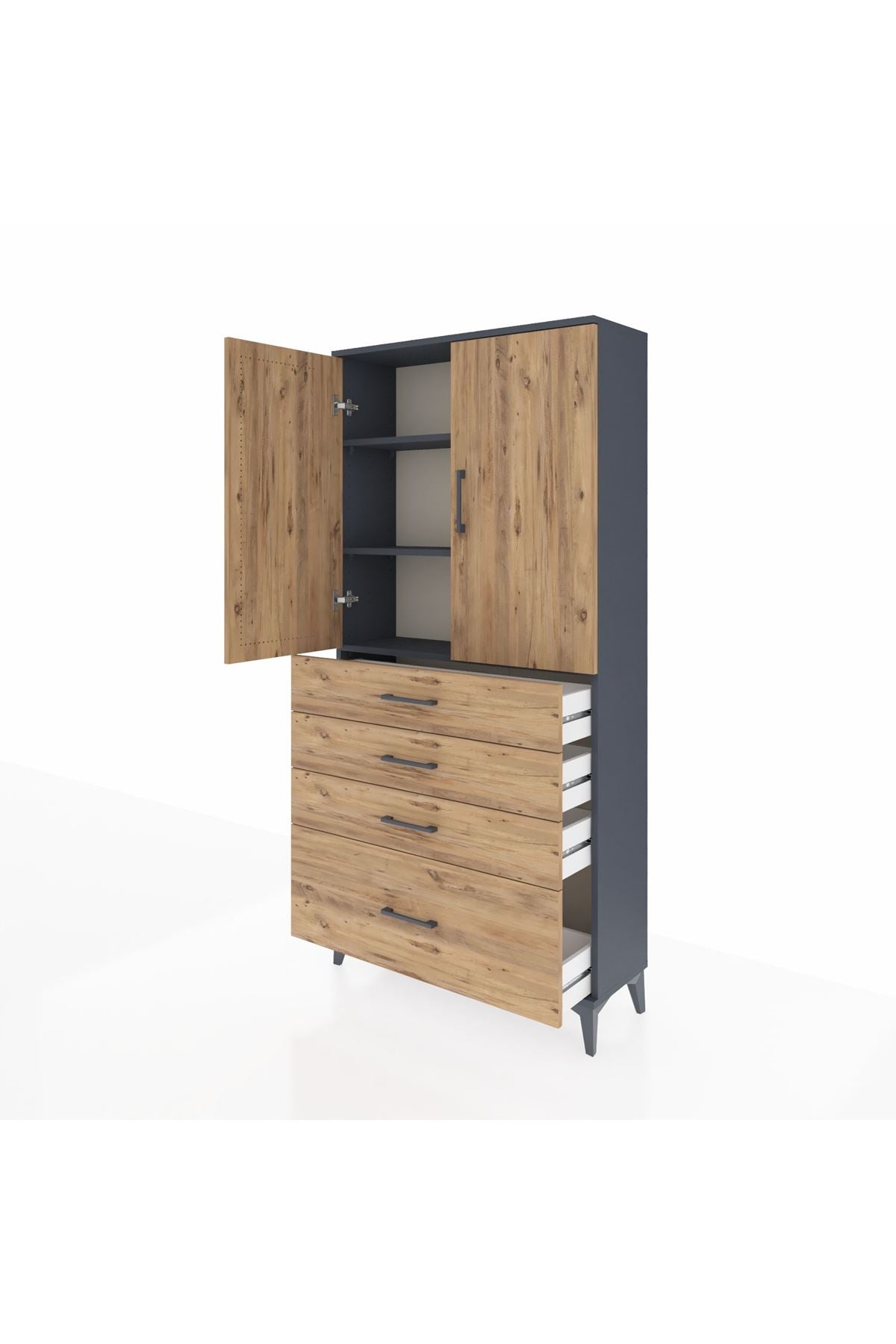 Arges Dolap 3 Raflı 4 Çekmeceli 2 Kapaklı 88x30x182 Antrasit-Çam