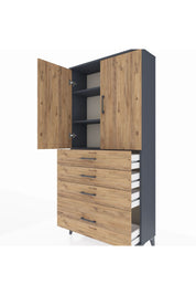Arges Dolap 3 Raflı 4 Çekmeceli 2 Kapaklı 88x30x182 Antrasit-Çam