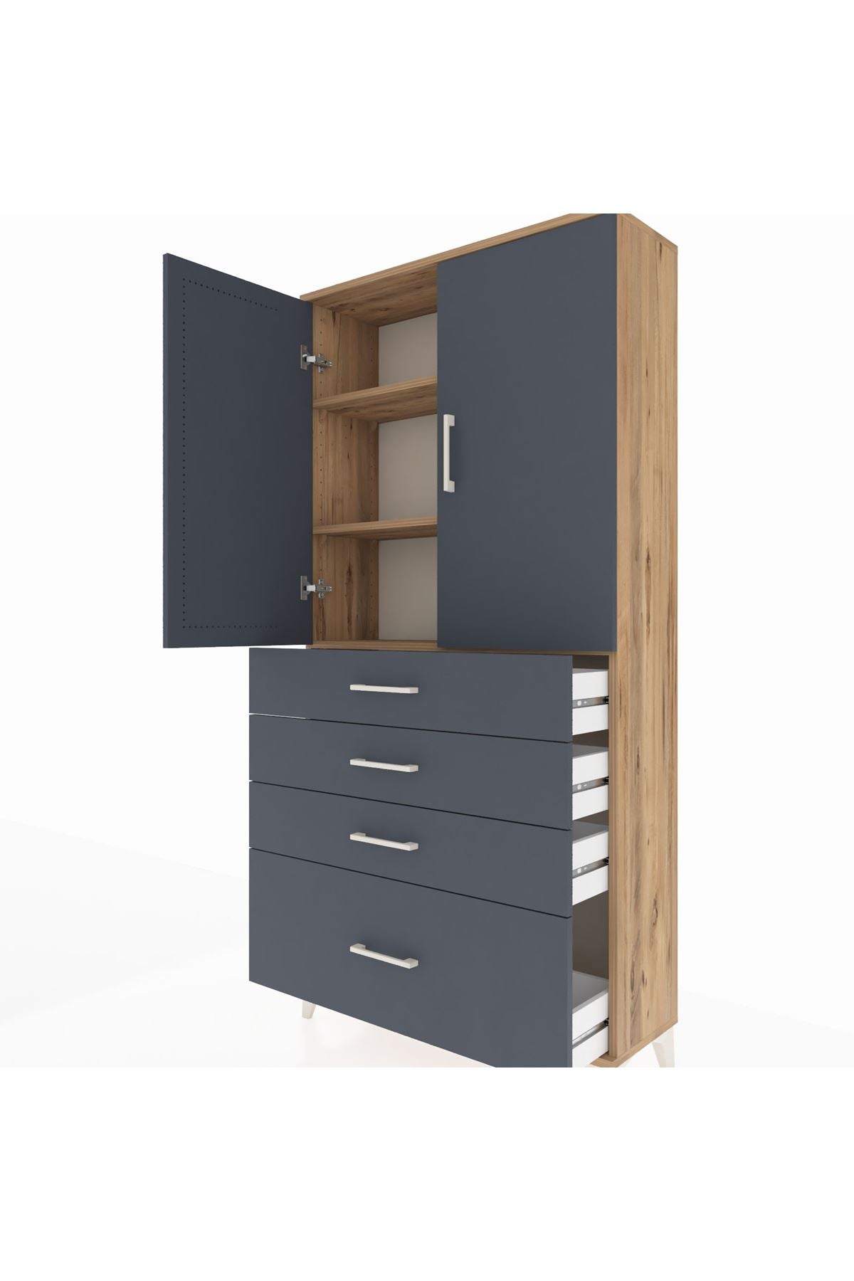 Arges Dolap 3 Raflı 4 Çekmeceli 2 Kapaklı 88x30x182 Çam-Antrasit