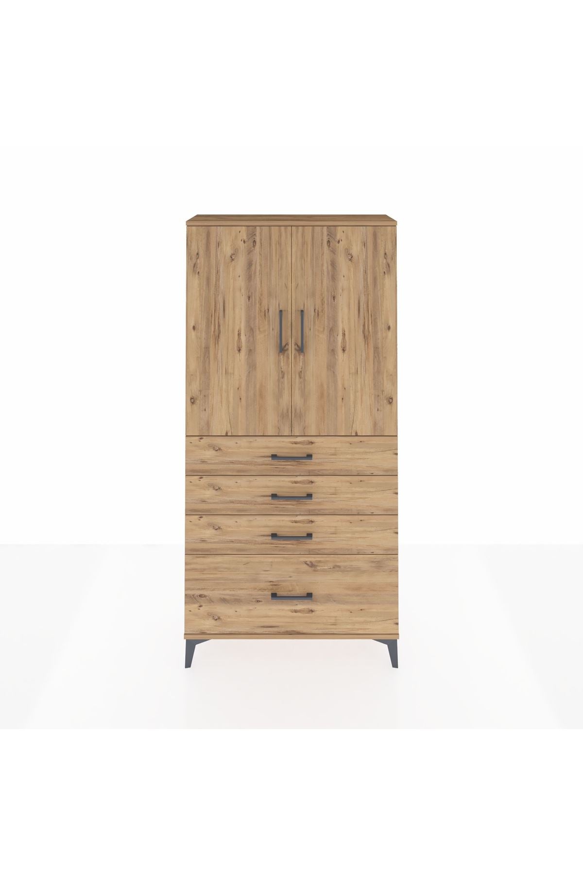 Arges Dolap 3 Raflı 4 Çekmeceli 2 Kapaklı 88x30x182 Çam-Çam