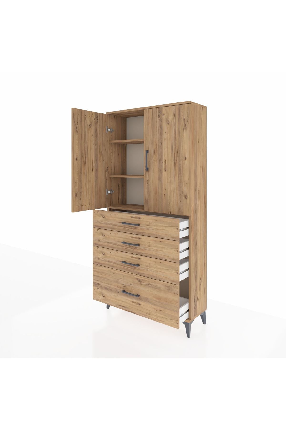 Arges Dolap 3 Raflı 4 Çekmeceli 2 Kapaklı 88x30x182 Çam-Çam