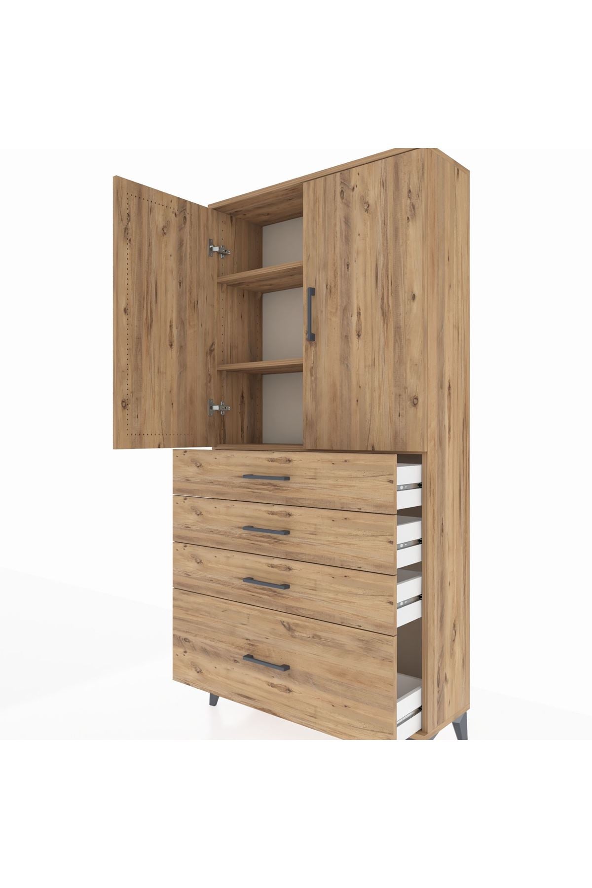 Arges Dolap 3 Raflı 4 Çekmeceli 2 Kapaklı 88x30x182 Çam-Çam