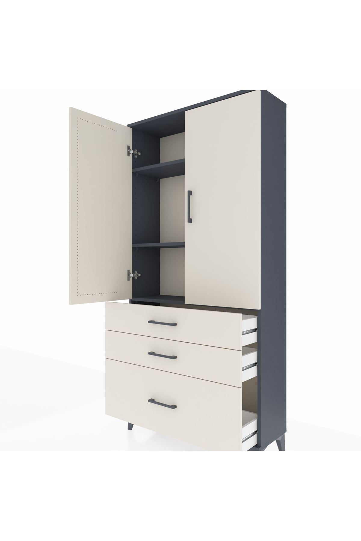 Arges Dolap 3 Raflı 3 Çekmeceli 2 Kapaklı 88x30x182 Antrasit-Aytaşı