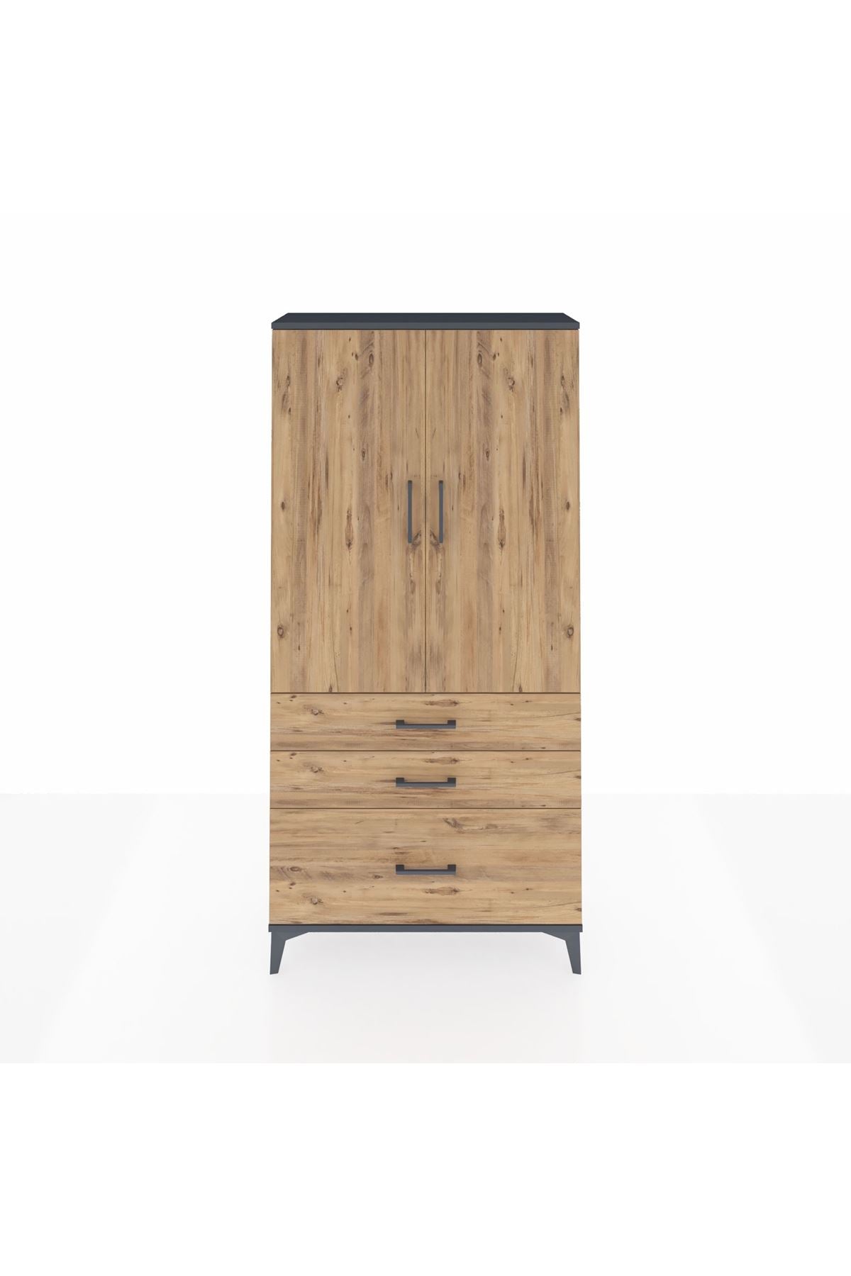 Arges Dolap 3 Raflı 3 Çekmeceli 2 Kapaklı 88x30x182 Antrasit-Çam