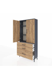 Arges Dolap 3 Raflı 3 Çekmeceli 2 Kapaklı 88x30x182 Antrasit-Çam