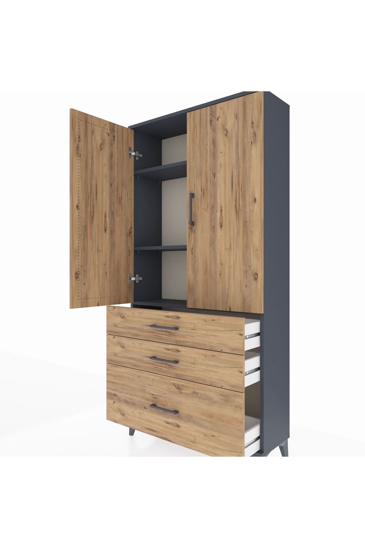 Arges Dolap 3 Raflı 3 Çekmeceli 2 Kapaklı 88x30x182 Antrasit-Çam