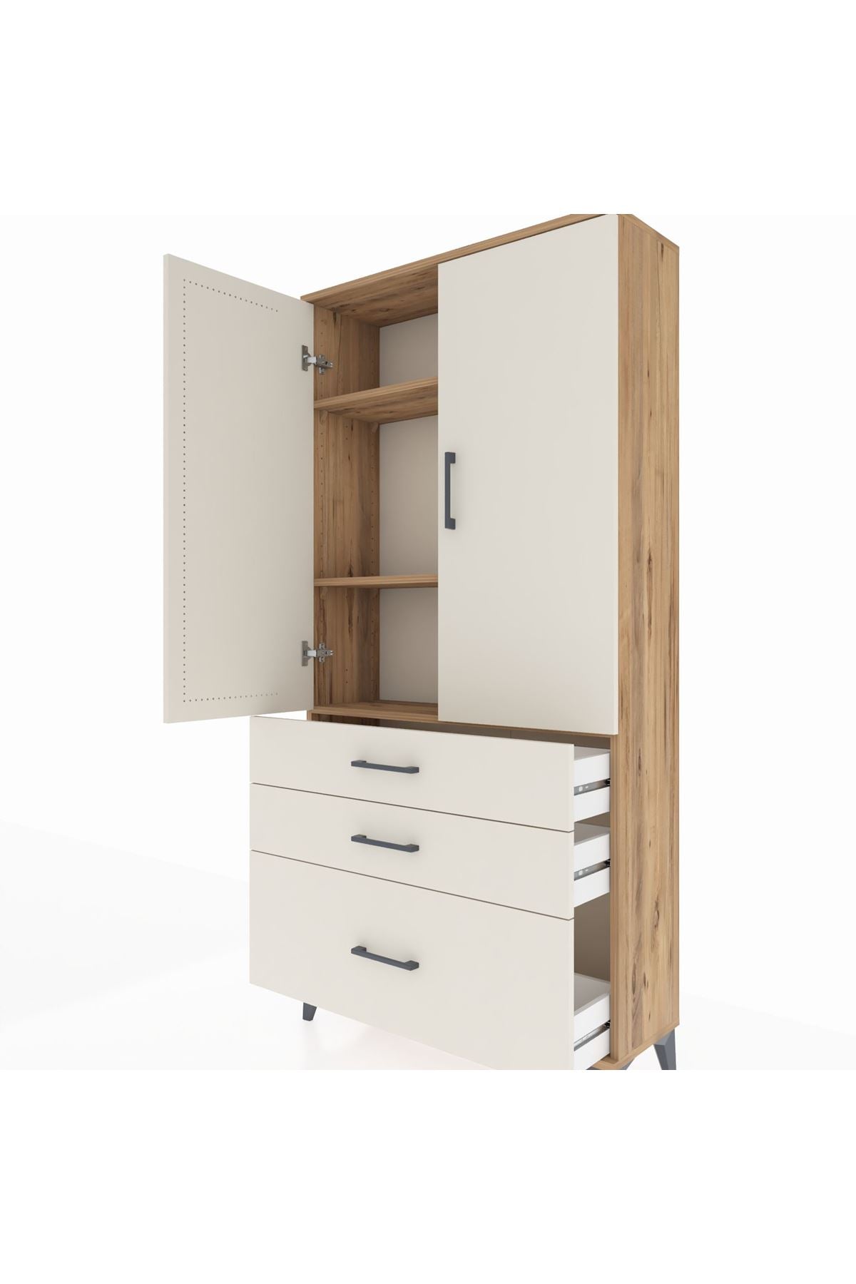 Arges Dolap 3 Raflı 3 Çekmeceli 2 Kapaklı 88x30x182 Çam-Aytaşı