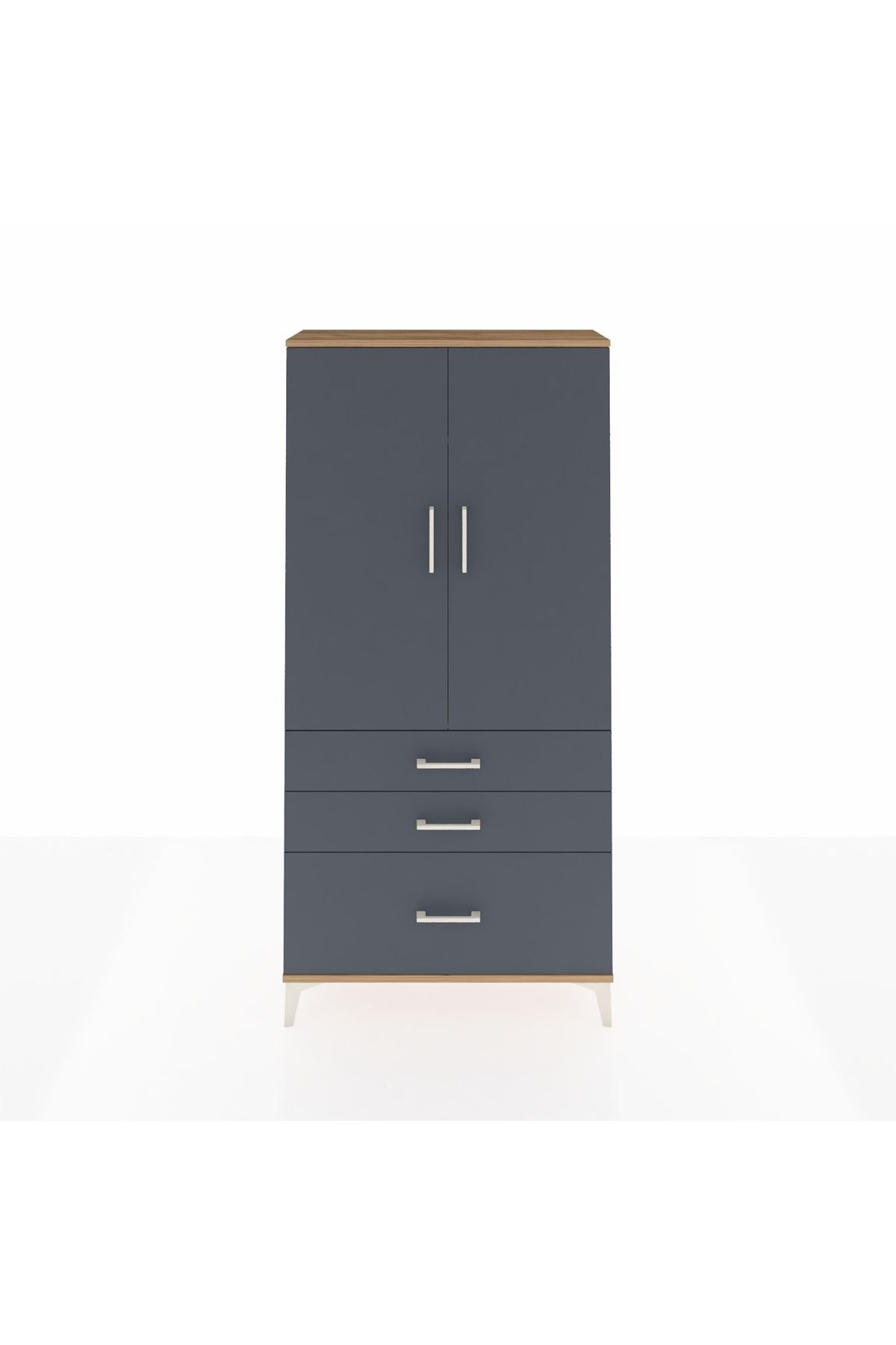 Arges Dolap 3 Raflı 3 Çekmeceli 2 Kapaklı 88x30x182 Çam-Antrasit