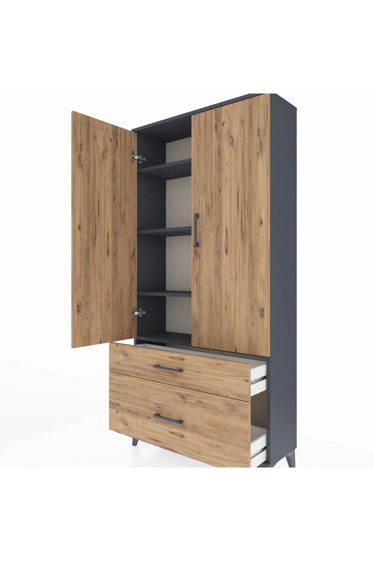 Arges Dolap 4 Raflı 2 Çekmeceli 2 Kapaklı 88x30x182 Antrasit-Çam