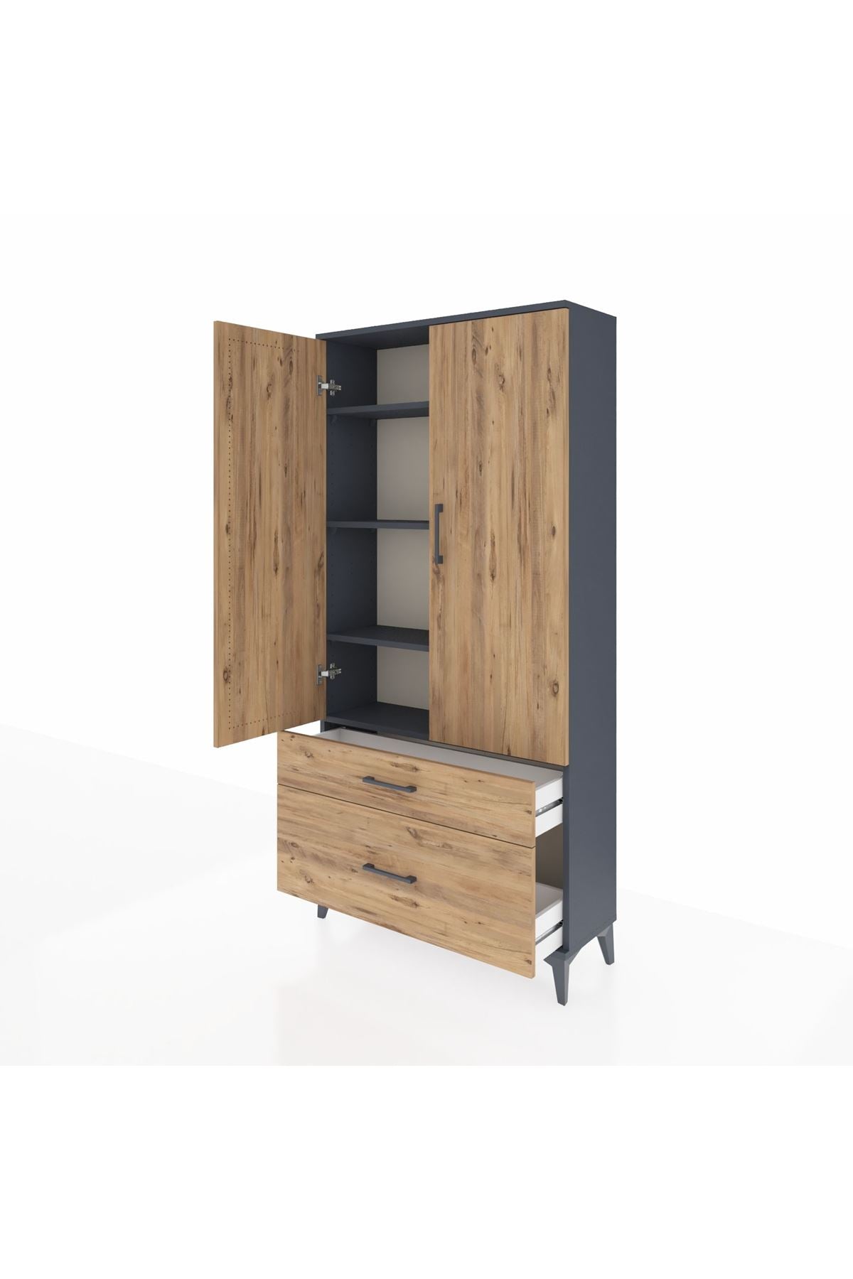 Arges Dolap 4 Raflı 2 Çekmeceli 2 Kapaklı 88x30x182 Antrasit-Çam