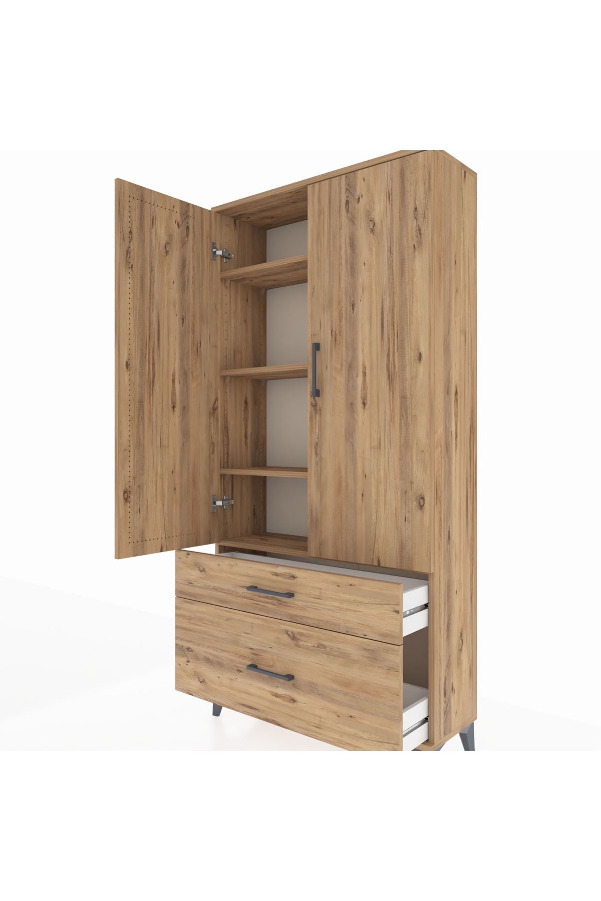 Arges Dolap 4 Raflı 2 Çekmeceli 2 Kapaklı 88x30x182 Çam-Çam