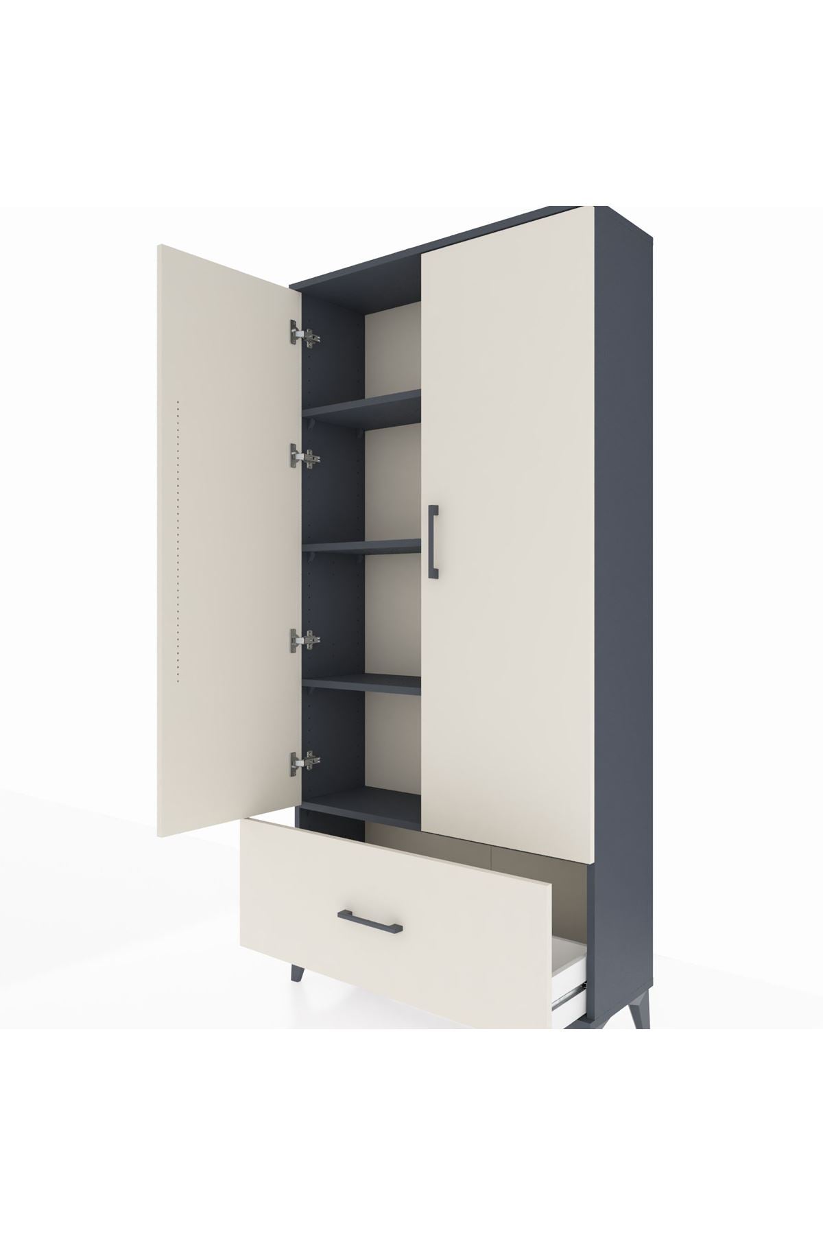Arges Dolap 4 Raflı Tek Çekmeceli 2 Kapaklı 88x30x182 Antrasit-Aytaşı
