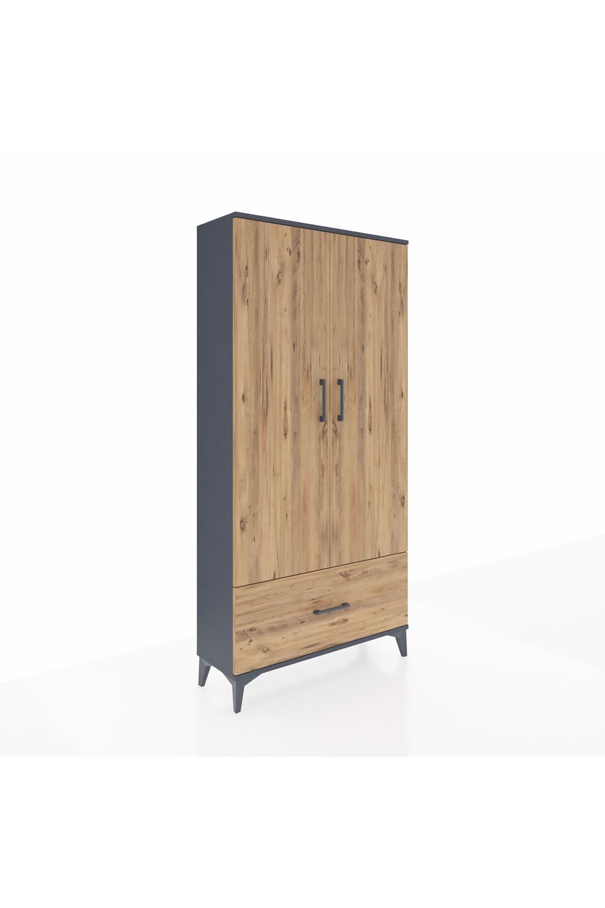 Arges Dolap 4 Raflı Tek Çekmeceli 2 Kapaklı 88x30x182 Antrasit-Çam