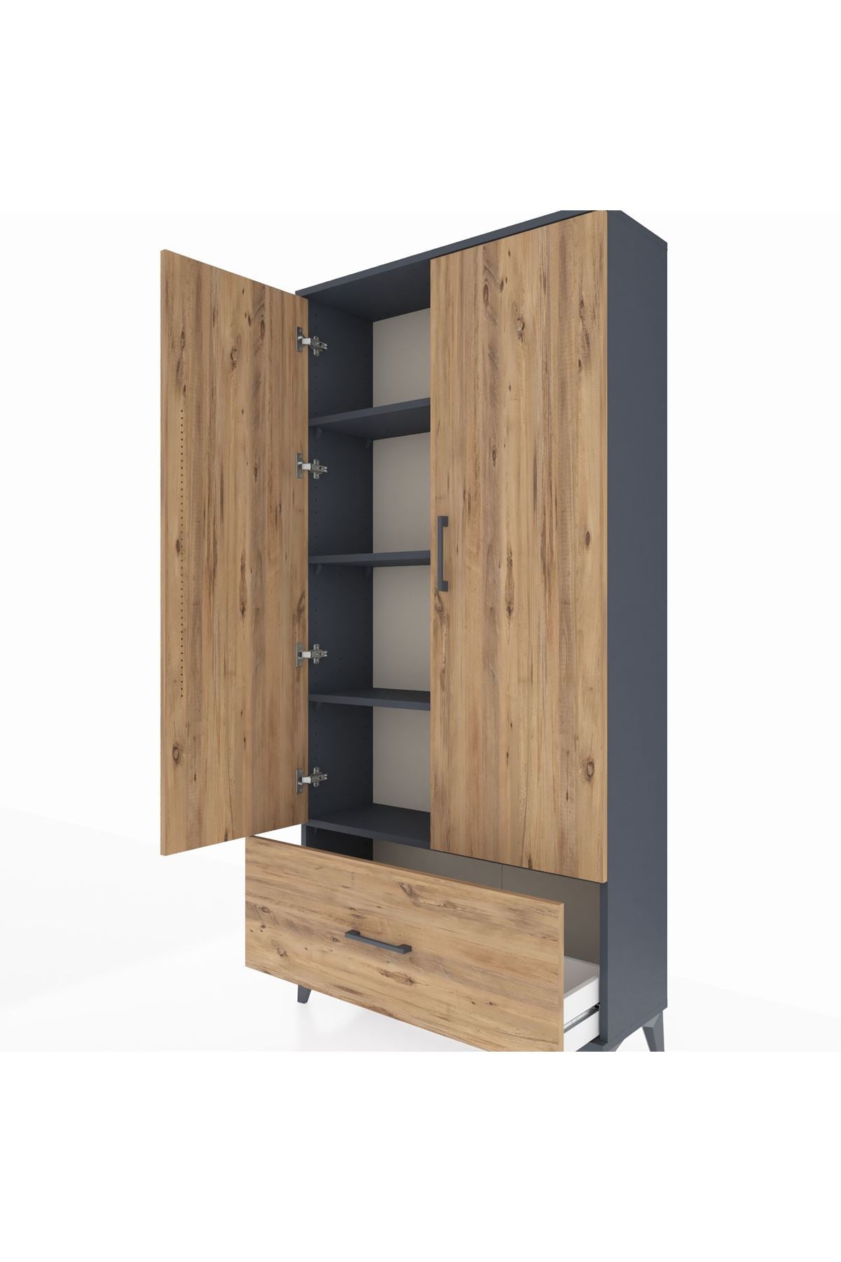 Arges Dolap 4 Raflı Tek Çekmeceli 2 Kapaklı 88x30x182 Antrasit-Çam