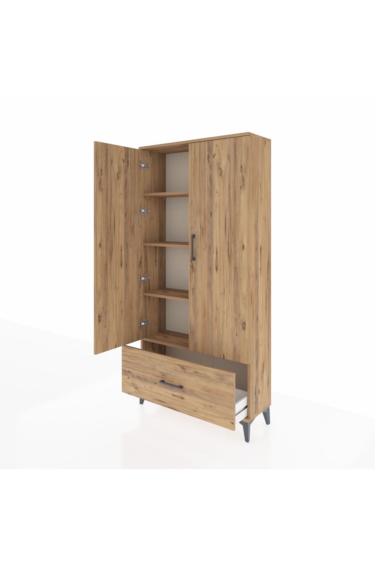 Arges Dolap 4 Raflı Tek Çekmeceli 2 Kapaklı 88x30x182 Çam-Çam