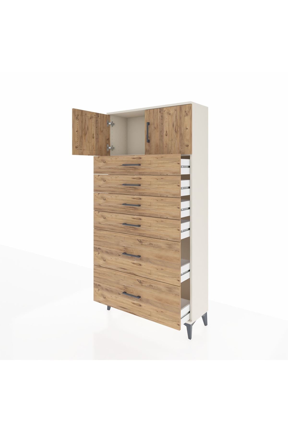 Arges Dolap Tek Raflı 6 Çekmeceli 2 Kapaklı 88x30x182 Aytaşı-Çam