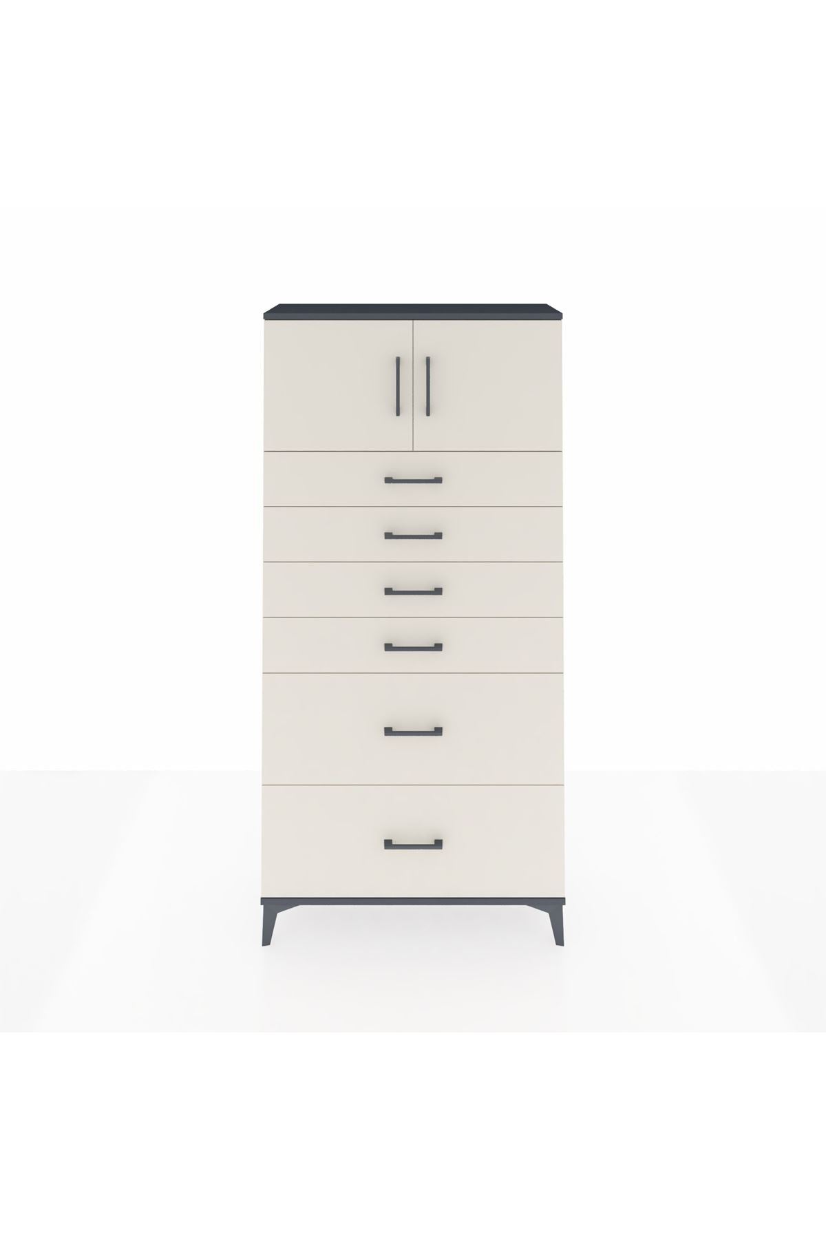 Arges Dolap Tek Raflı 6 Çekmeceli 2 Kapaklı 88x30x182 Antrasit-Aytaşı