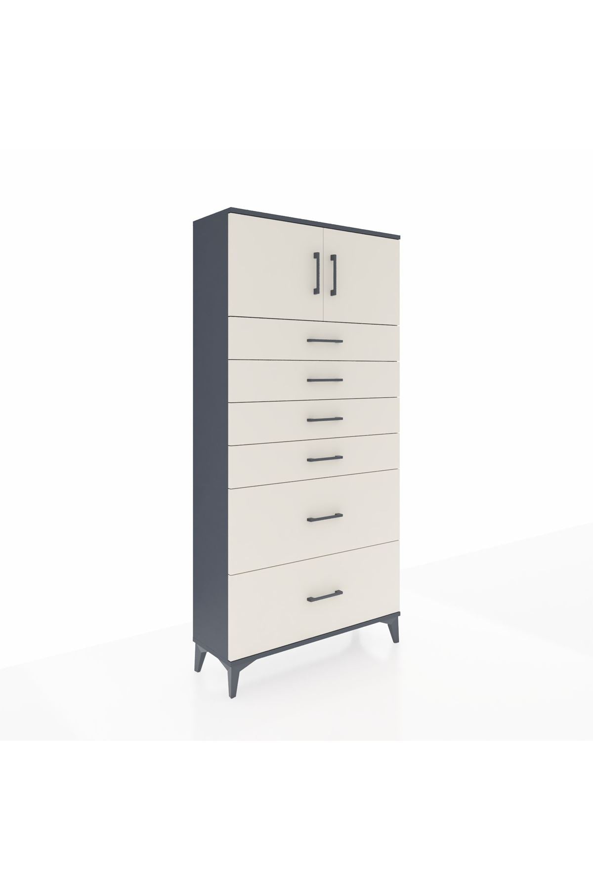 Arges Dolap Tek Raflı 6 Çekmeceli 2 Kapaklı 88x30x182 Antrasit-Aytaşı