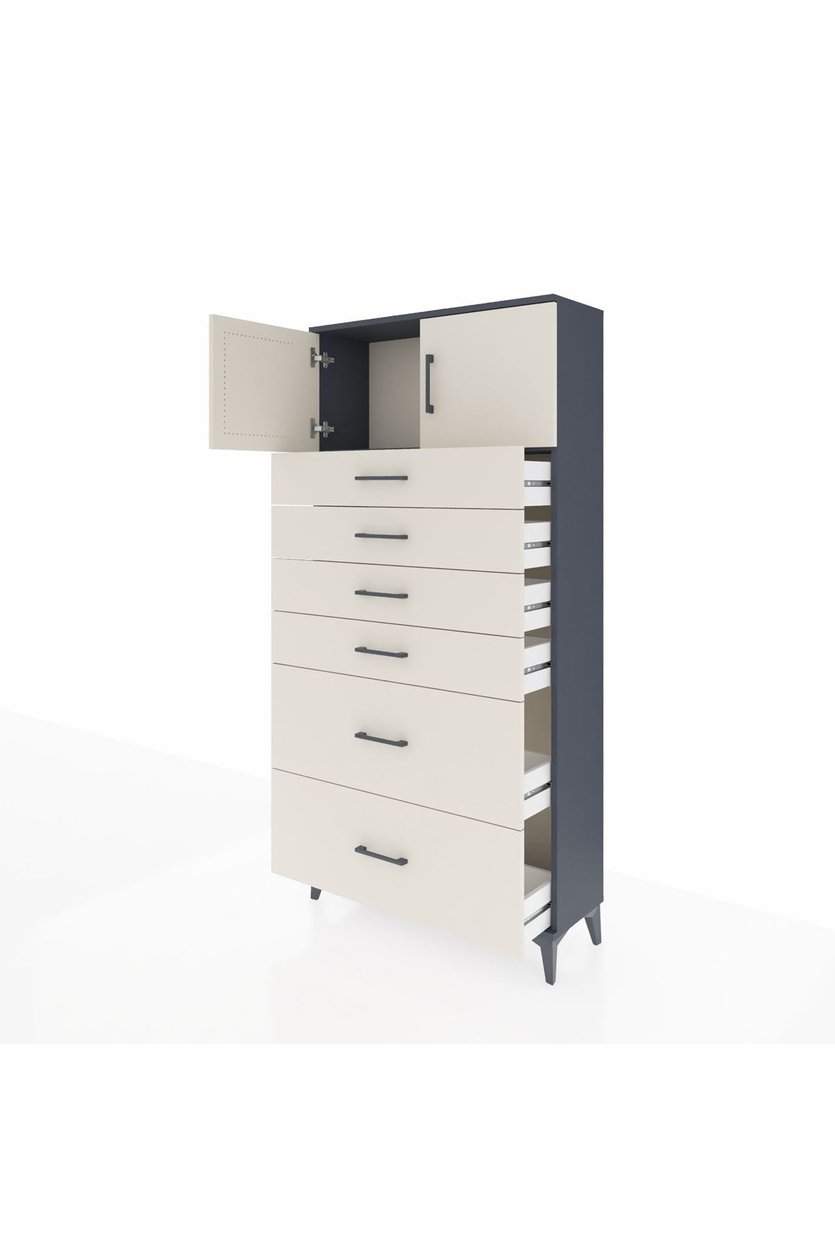 Arges Dolap Tek Raflı 6 Çekmeceli 2 Kapaklı 88x30x182 Antrasit-Aytaşı