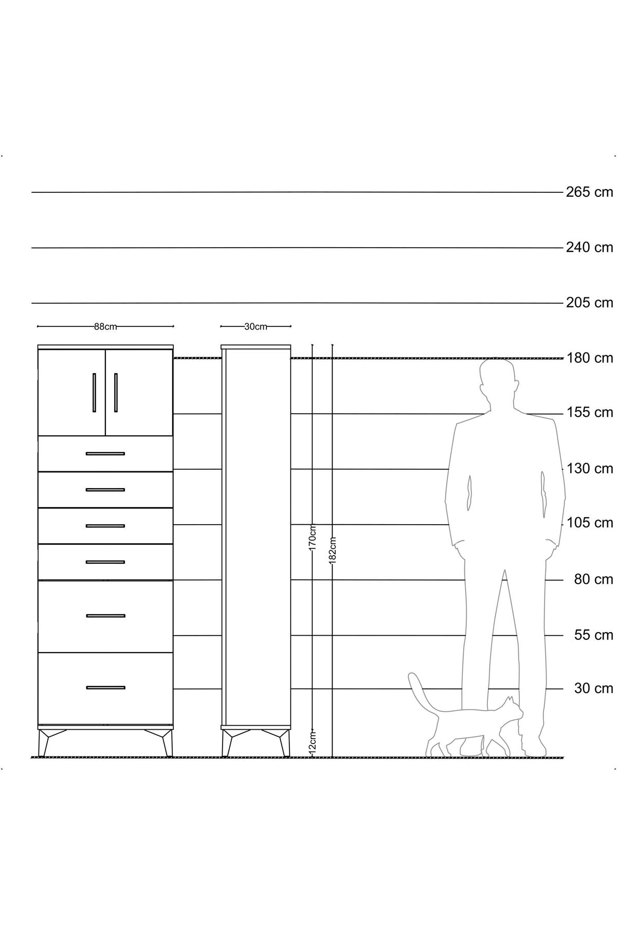 Arges Dolap Tek Raflı 6 Çekmeceli 2 Kapaklı 88x30x182 Antrasit-Aytaşı