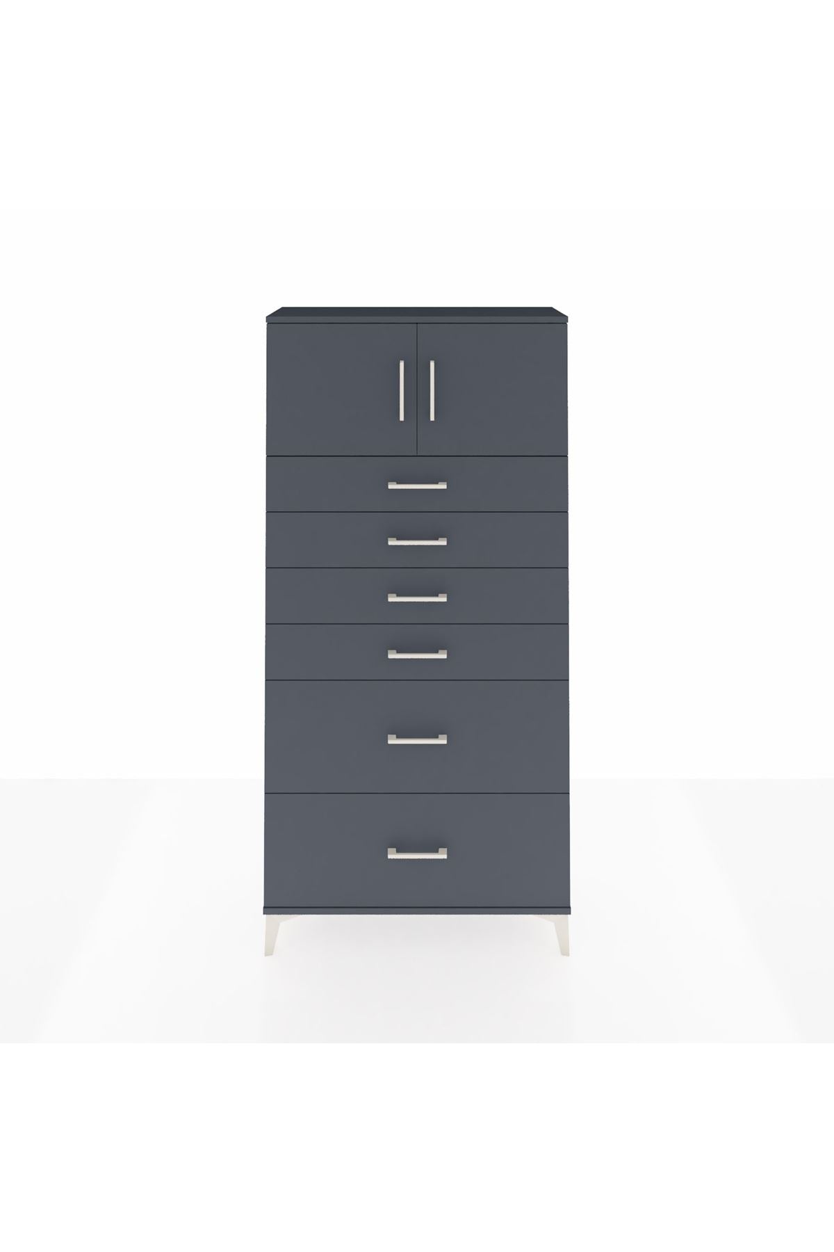 Arges Dolap Tek Raflı 6 Çekmeceli 2 Kapaklı 88x30x182 Antrasit-Antrasit