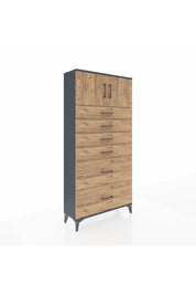 Arges Dolap Tek Raflı 6 Çekmeceli 2 Kapaklı 88x30x182 Antrasit-Çam