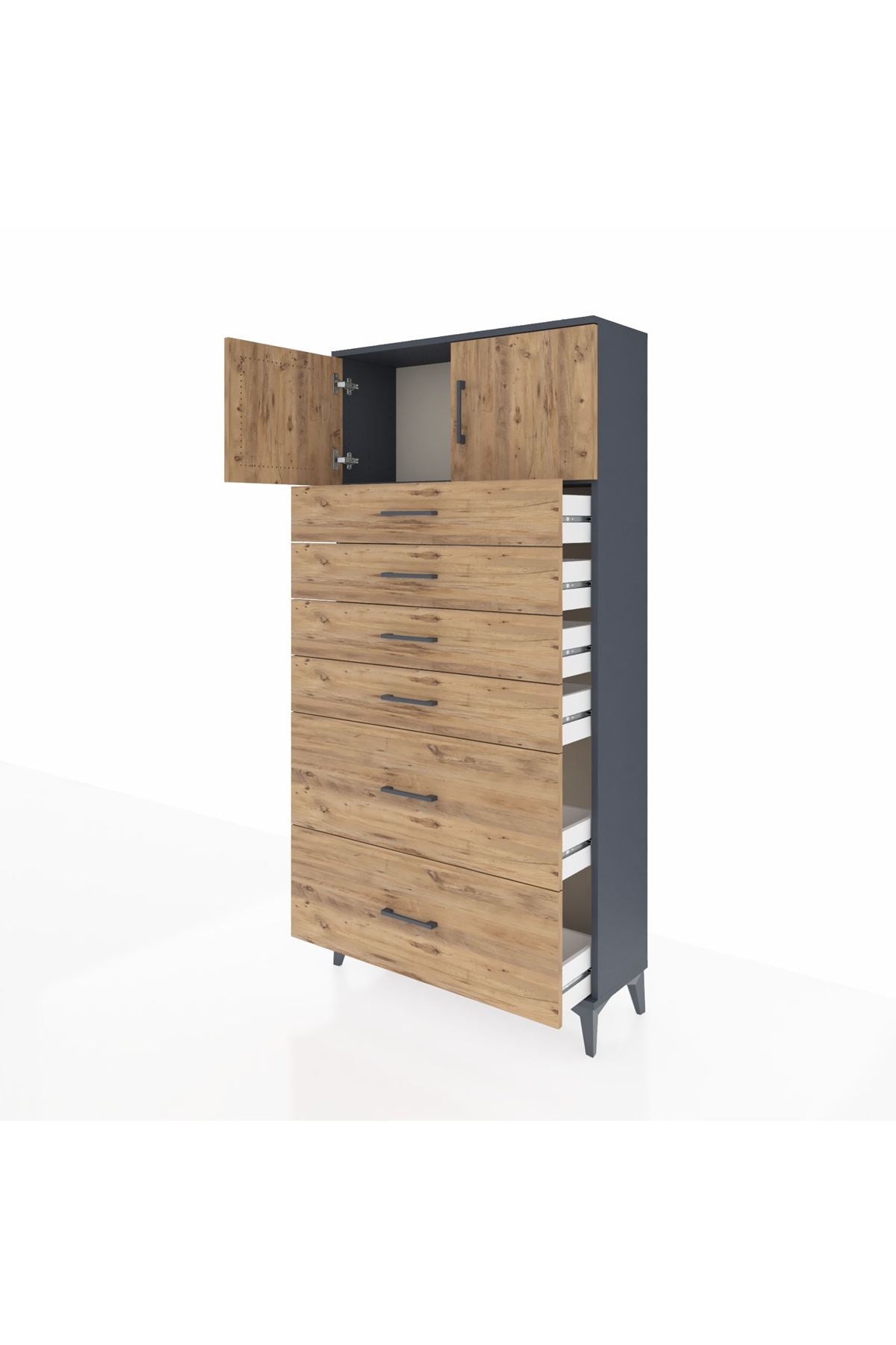 Arges Dolap Tek Raflı 6 Çekmeceli 2 Kapaklı 88x30x182 Antrasit-Çam