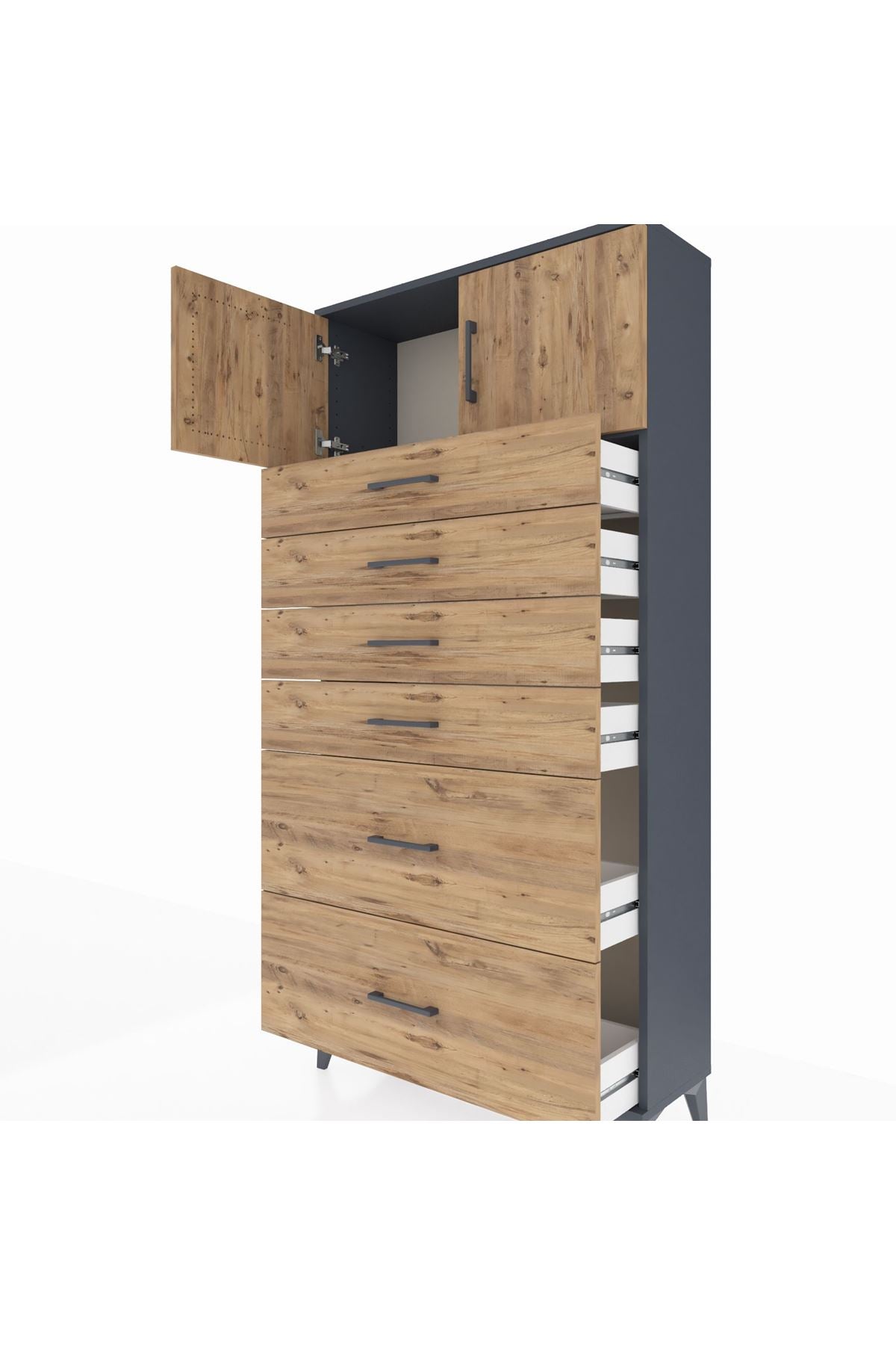 Arges Dolap Tek Raflı 6 Çekmeceli 2 Kapaklı 88x30x182 Antrasit-Çam