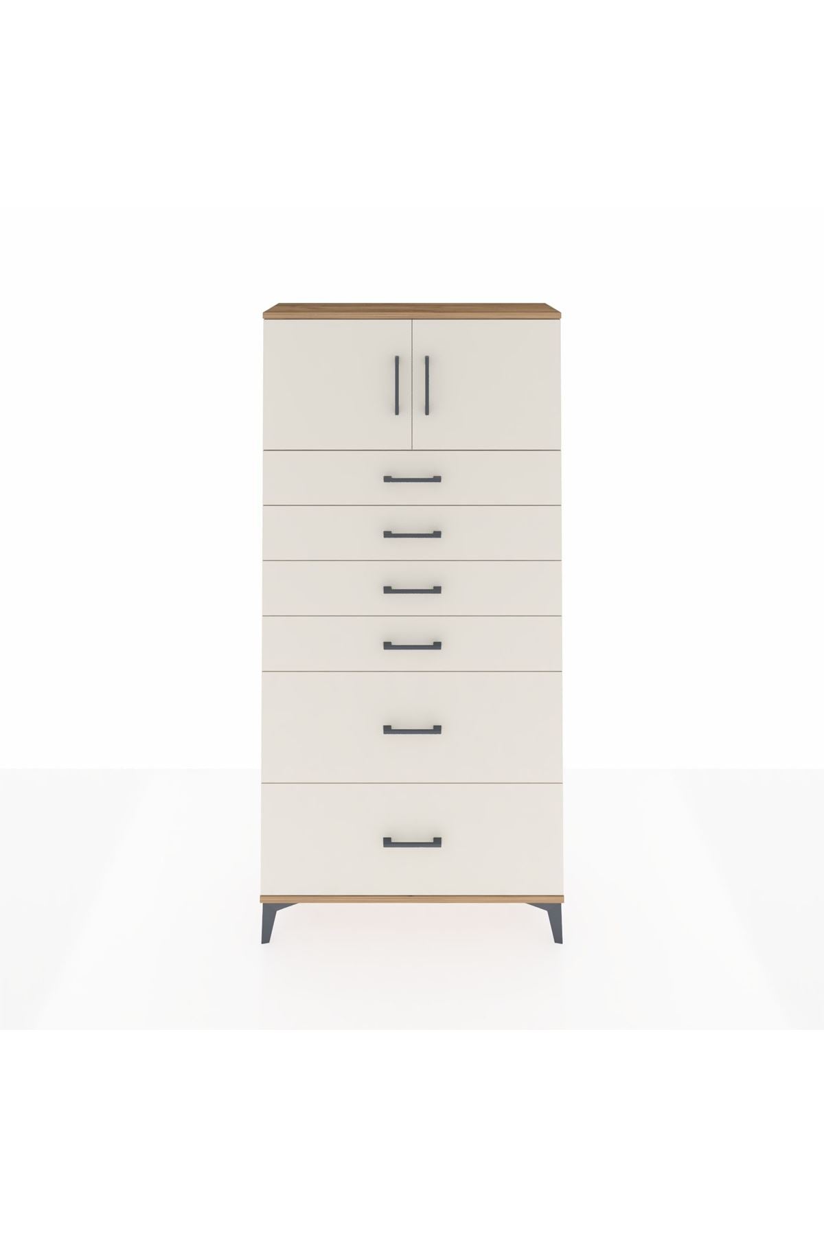 Arges Dolap Tek Raflı 6 Çekmeceli 2 Kapaklı 88x30x182 Çam-Aytaşı