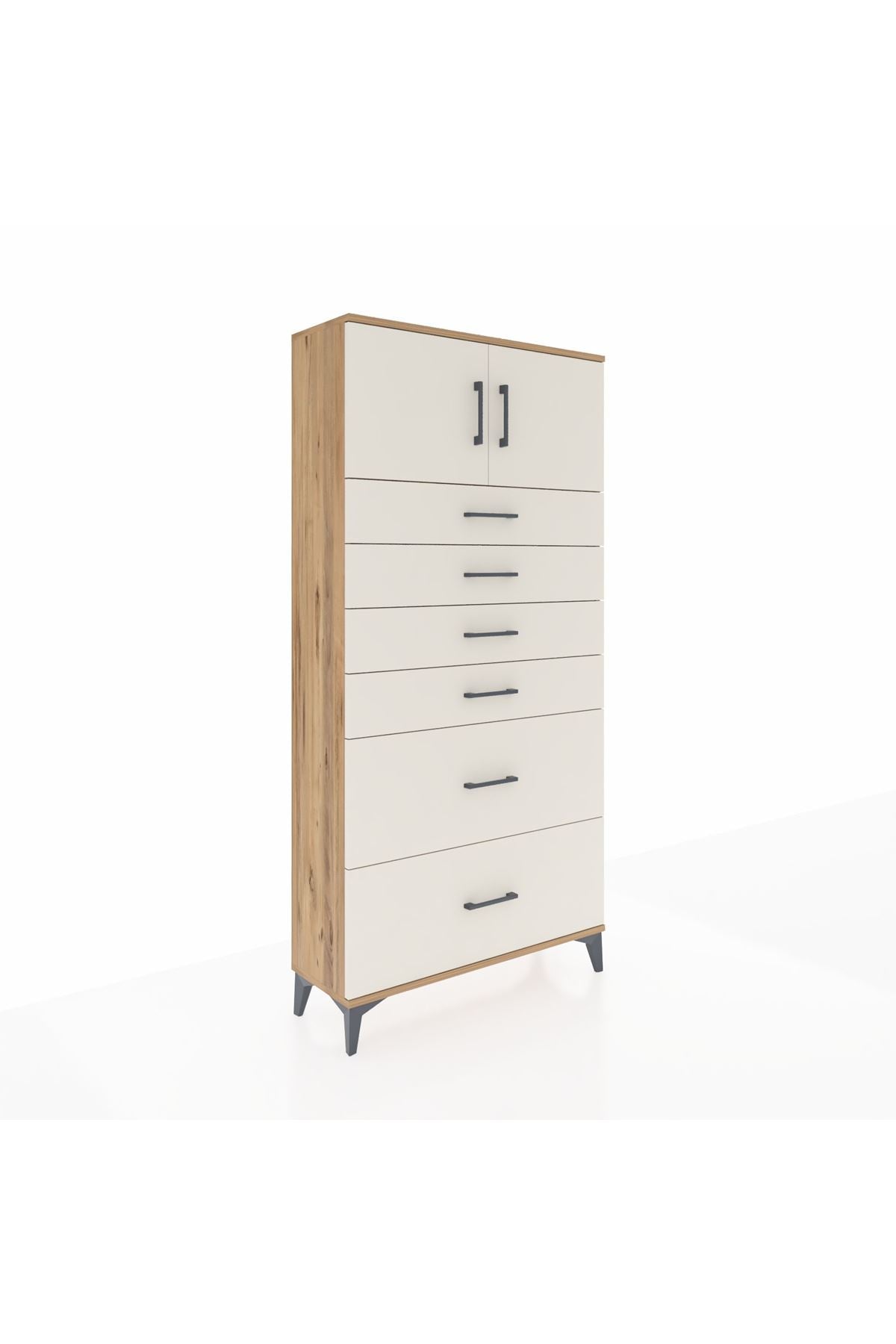 Arges Dolap Tek Raflı 6 Çekmeceli 2 Kapaklı 88x30x182 Çam-Aytaşı