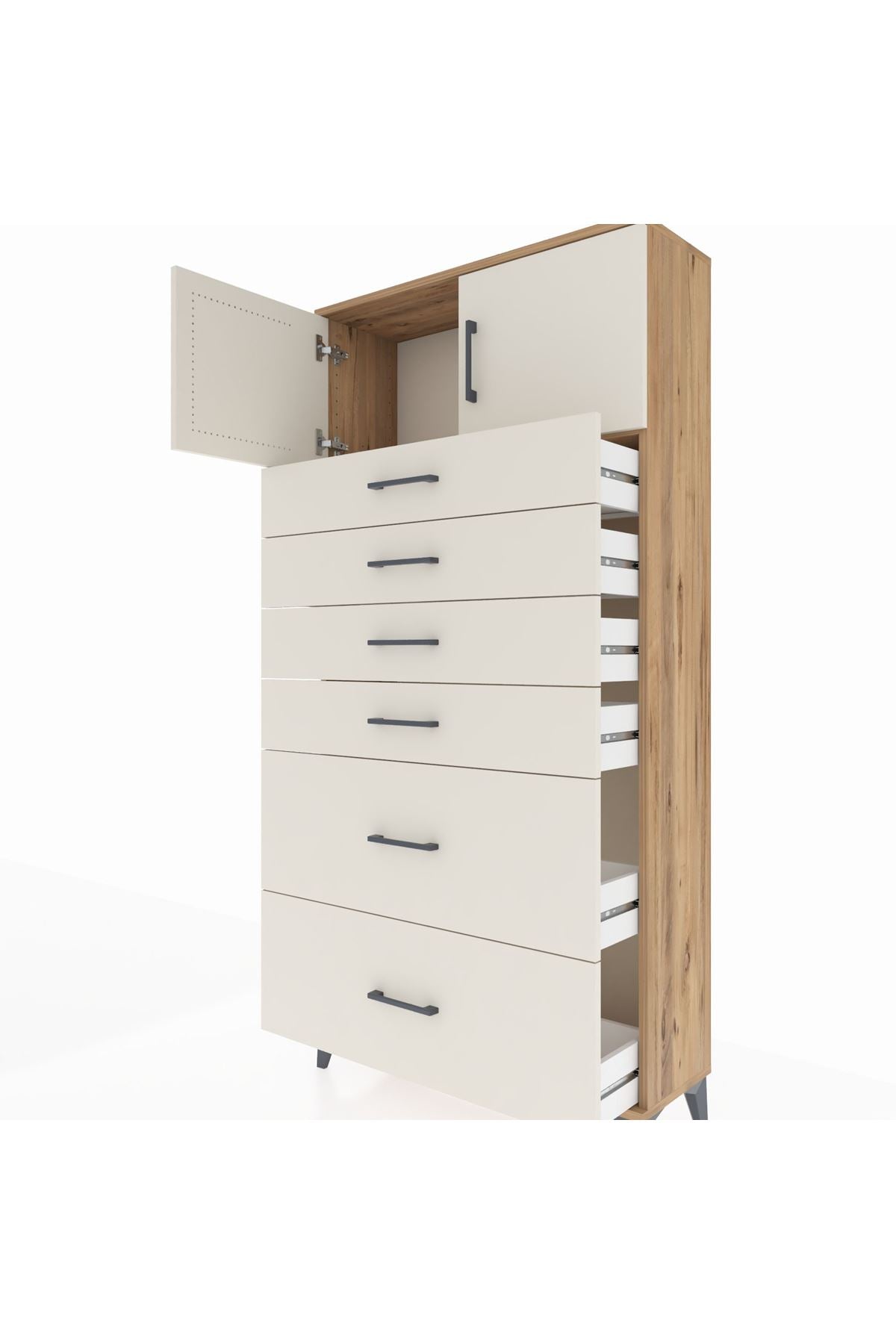 Arges Dolap Tek Raflı 6 Çekmeceli 2 Kapaklı 88x30x182 Çam-Aytaşı