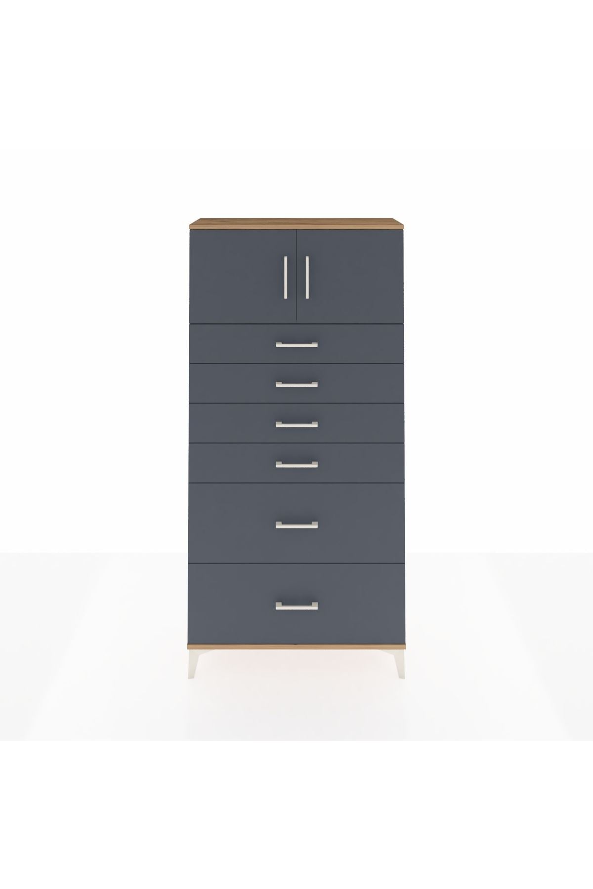 Arges Dolap Tek Raflı 6 Çekmeceli 2 Kapaklı 88x30x182 Çam-Antrasit