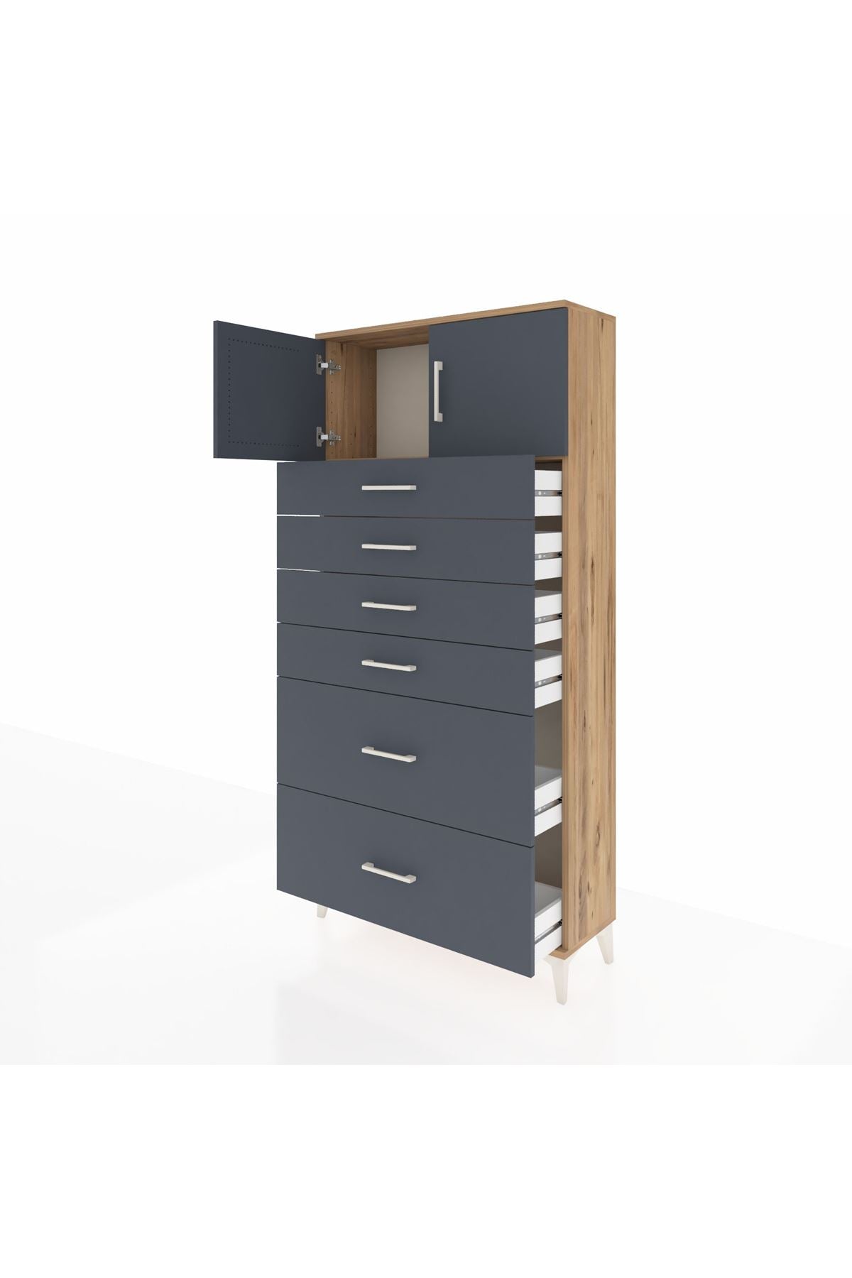 Arges Dolap Tek Raflı 6 Çekmeceli 2 Kapaklı 88x30x182 Çam-Antrasit