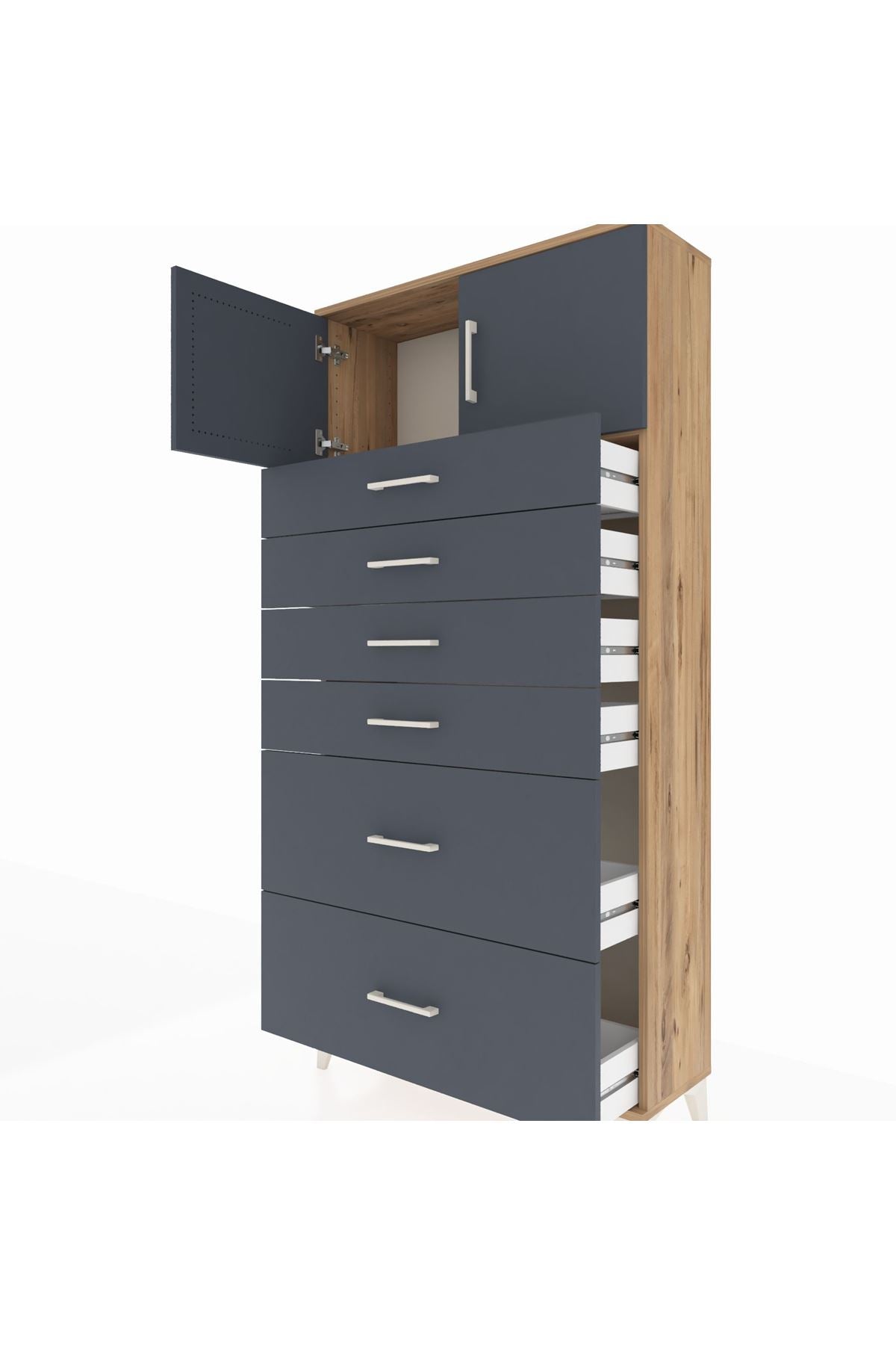 Arges Dolap Tek Raflı 6 Çekmeceli 2 Kapaklı 88x30x182 Çam-Antrasit