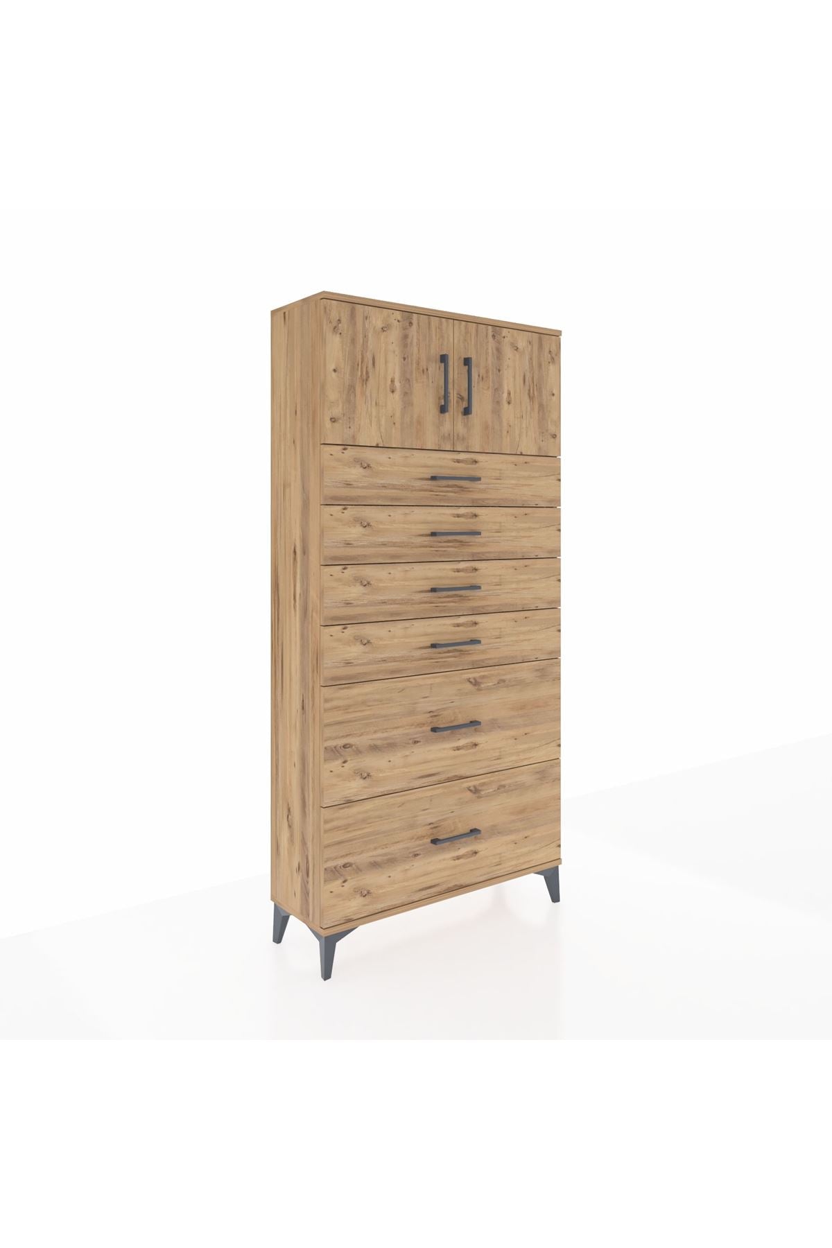 Arges Dolap Tek Raflı 6 Çekmeceli 2 Kapaklı 88x30x182 Çam-Çam