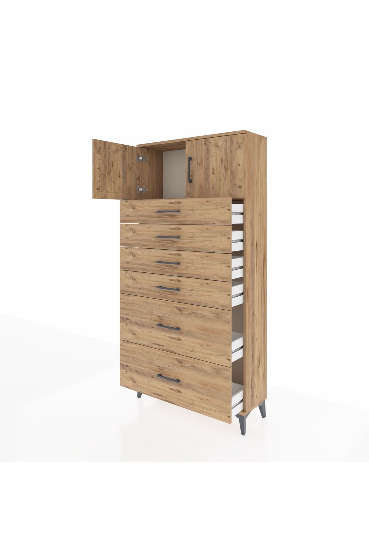 Arges Dolap Tek Raflı 6 Çekmeceli 2 Kapaklı 88x30x182 Çam-Çam