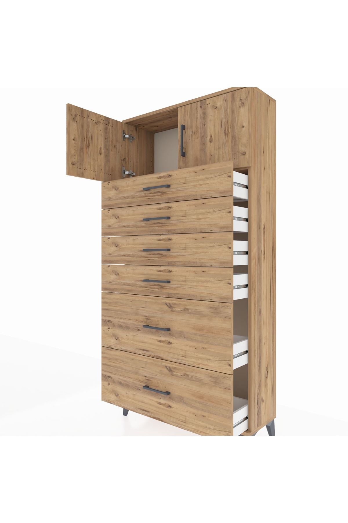 Arges Dolap Tek Raflı 6 Çekmeceli 2 Kapaklı 88x30x182 Çam-Çam