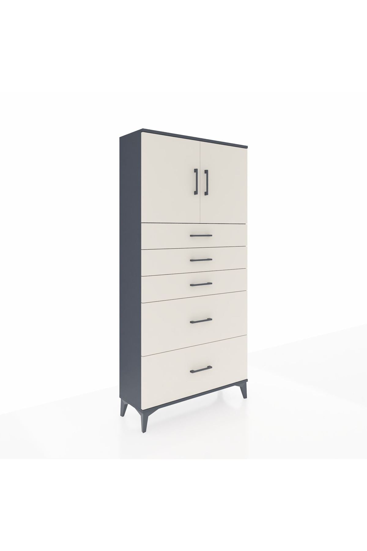 Arges Dolap 2 Raflı 5 Çekmeceli 2 Kapaklı 88x30x182 Antrasit-Aytaşı