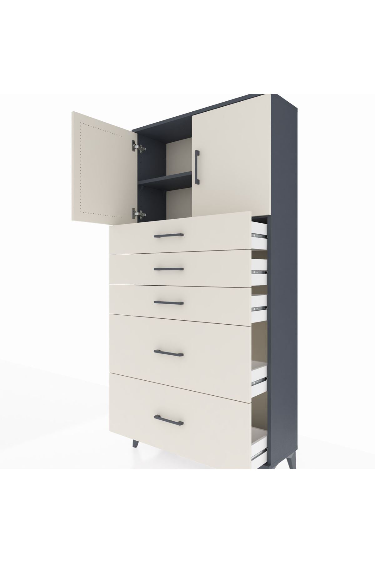 Arges Dolap 2 Raflı 5 Çekmeceli 2 Kapaklı 88x30x182 Antrasit-Aytaşı