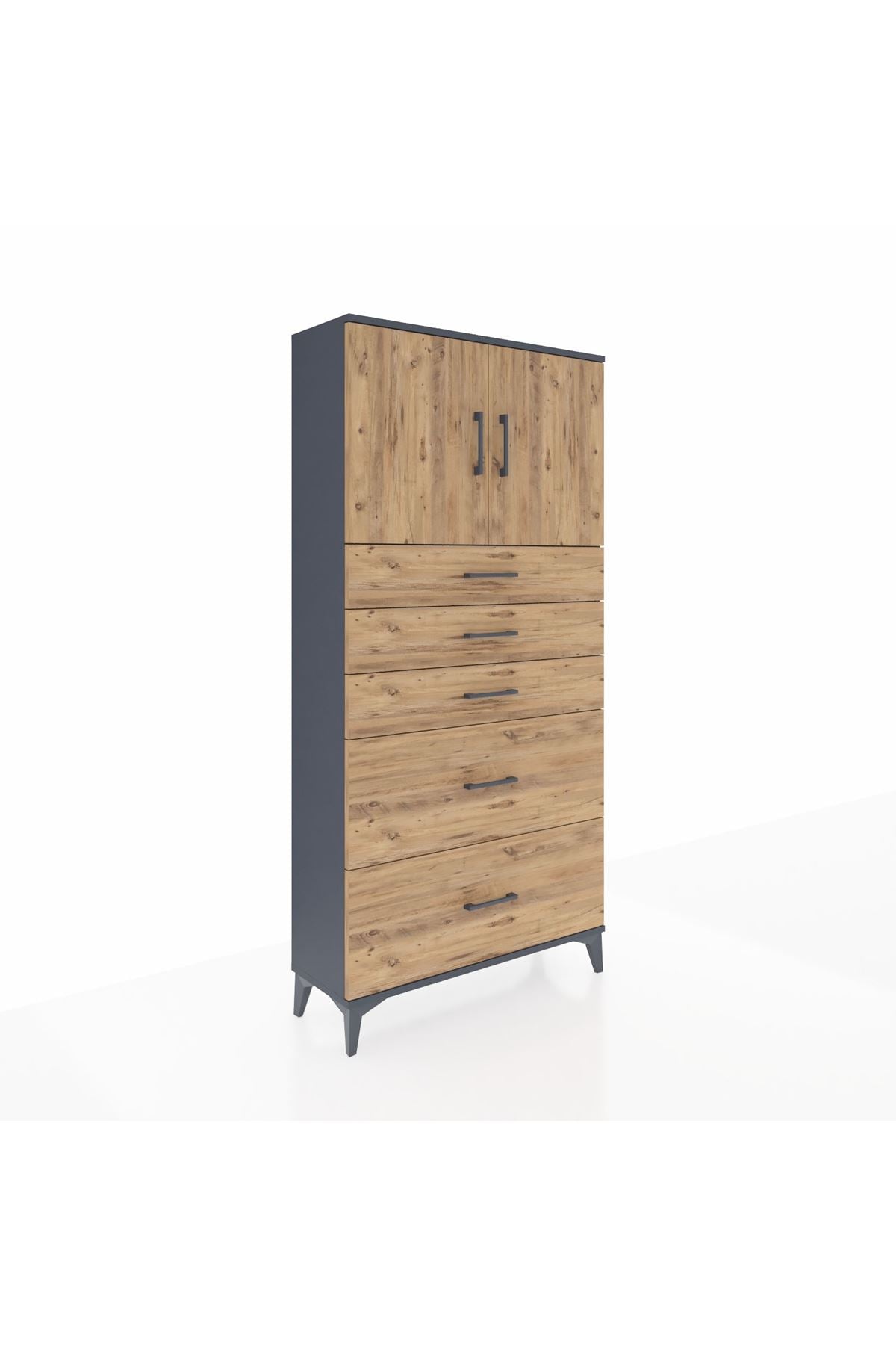 Arges Dolap 2 Raflı 5 Çekmeceli 2 Kapaklı 88x30x182 Antrasit-Çam