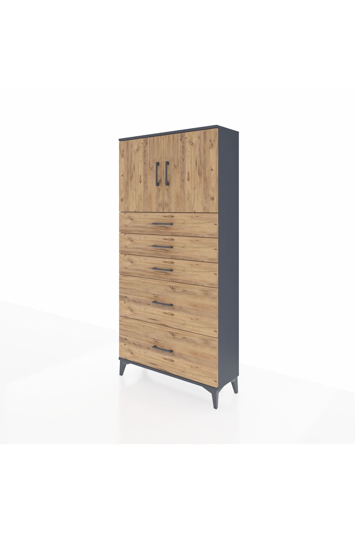 Arges Dolap 2 Raflı 5 Çekmeceli 2 Kapaklı 88x30x182 Antrasit-Çam