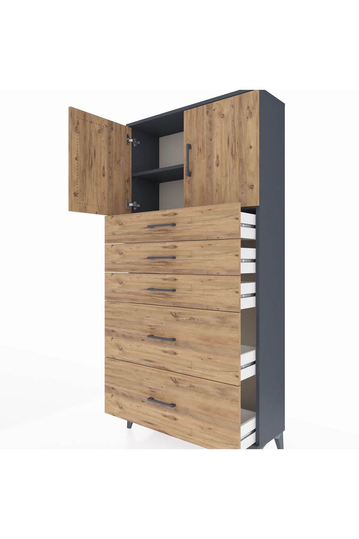 Arges Dolap 2 Raflı 5 Çekmeceli 2 Kapaklı 88x30x182 Antrasit-Çam