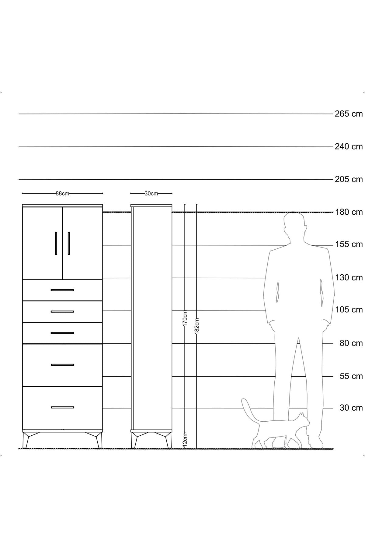 Arges Dolap 2 Raflı 5 Çekmeceli 2 Kapaklı 88x30x182 Antrasit-Çam