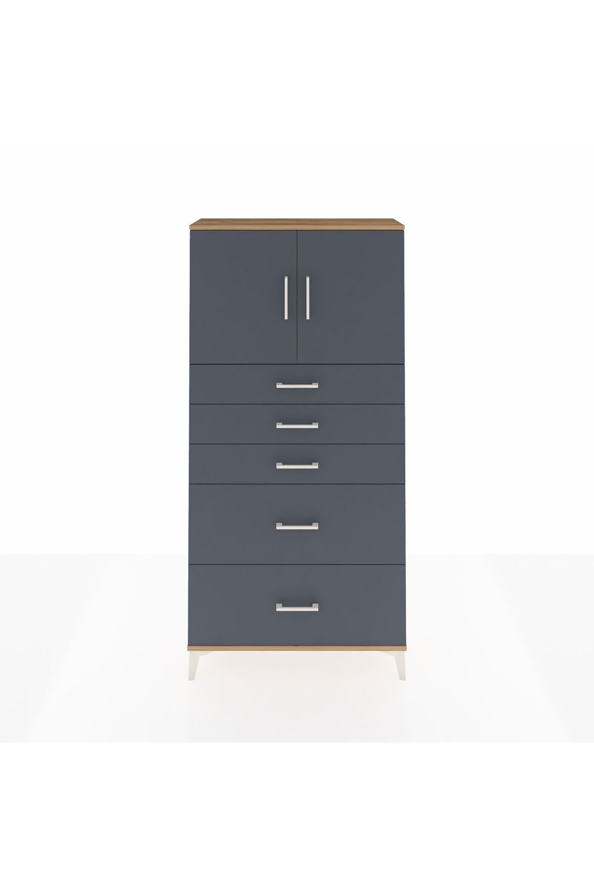 Arges Dolap 2 Raflı 5 Çekmeceli 2 Kapaklı 88x30x182 Çam-Antrasit